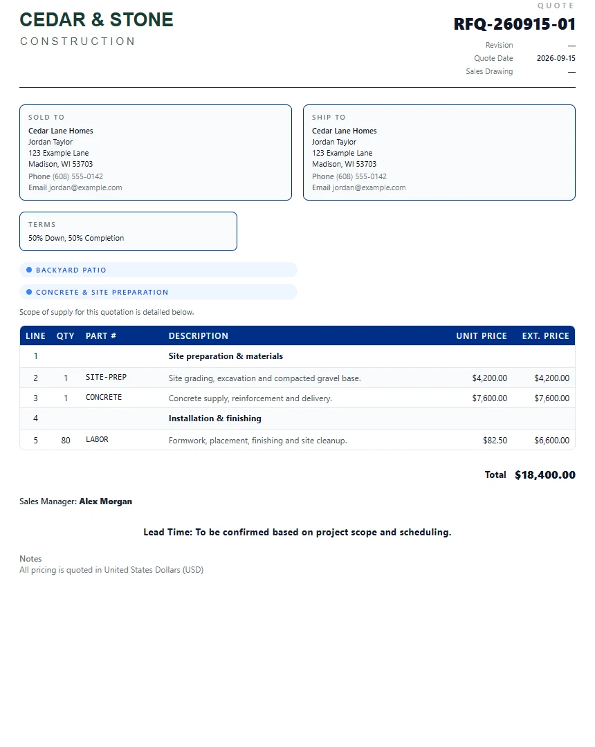 Actual HiveQuotes quote template showing a fictional $18,400 patio project, itemized materials and labor, and payment terms